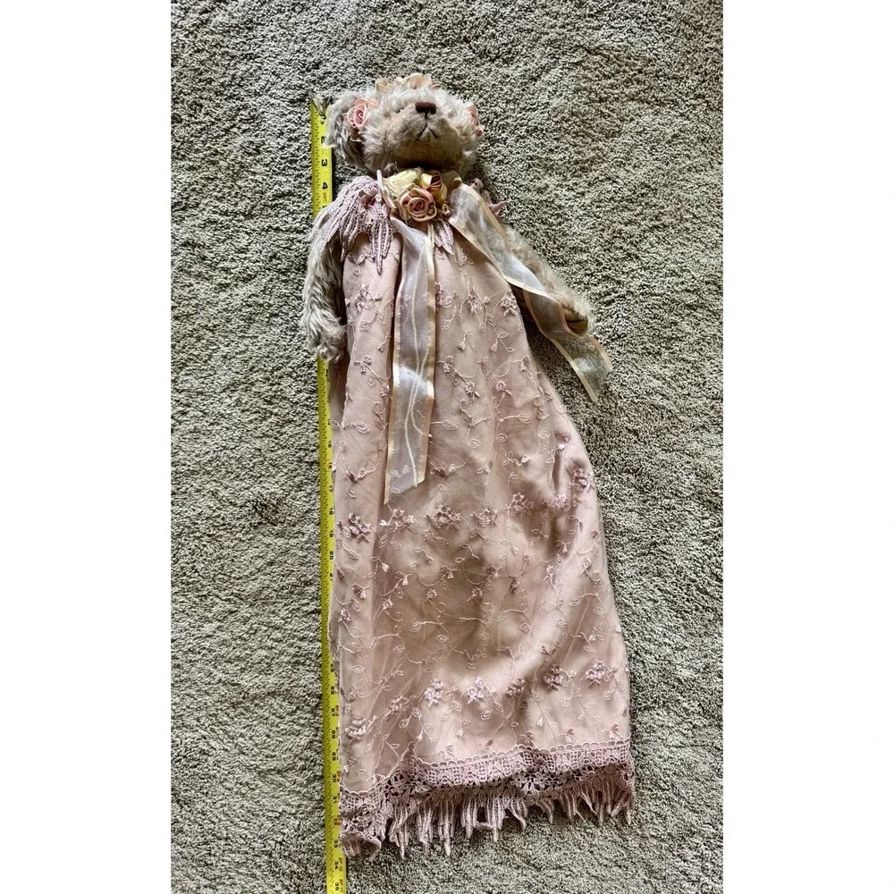 Vintage Plush Teddy Bear Doll W/Lace Dress & Floral Detail Cottagecore Aesthetic
